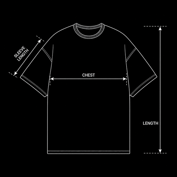 T-shirt measurement guide showing chest, sleeve length and length