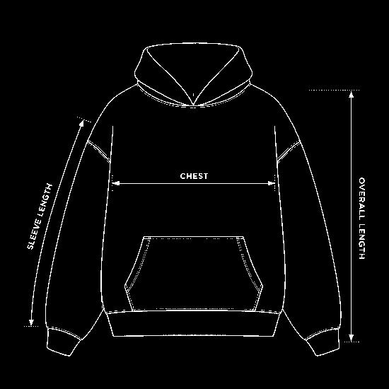 Hoodie measurement guide showing chest width, sleeve length and overall length